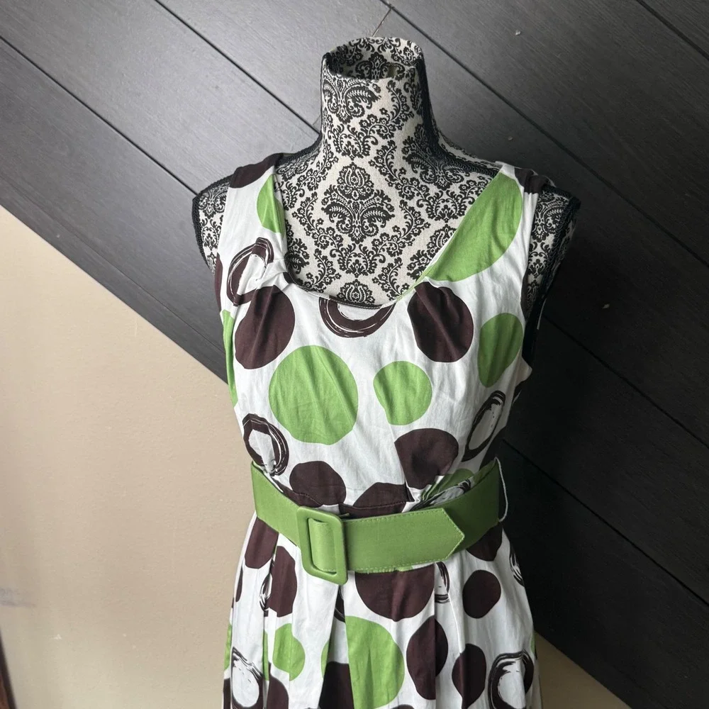 East 5th Women's Polka Dot Fit & Flare Belted Dress Size 8 Green Brown White - Picture 3 of 9